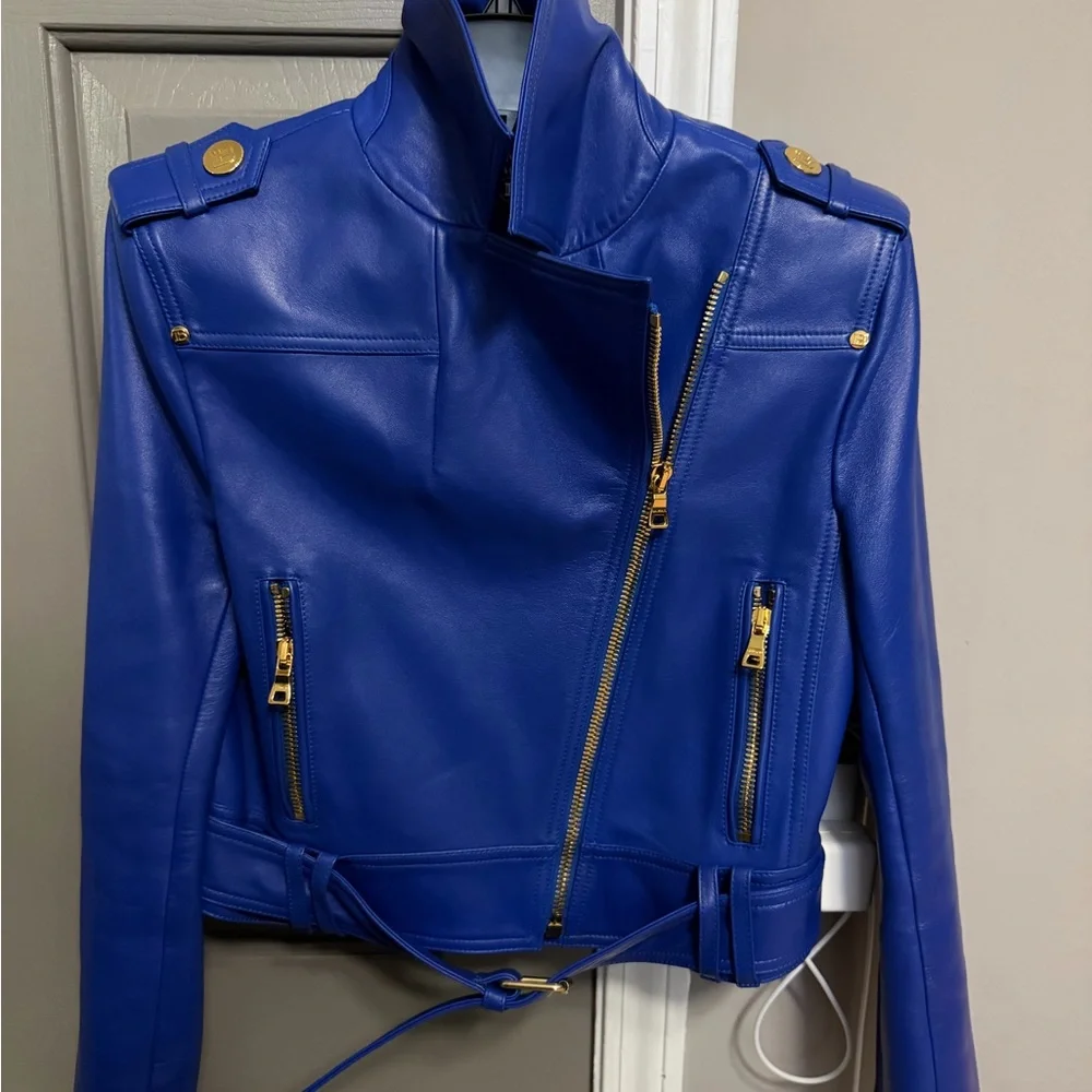 Balmain Royal Blue Leather Jacket with Gold Details - Picture 1 of 8